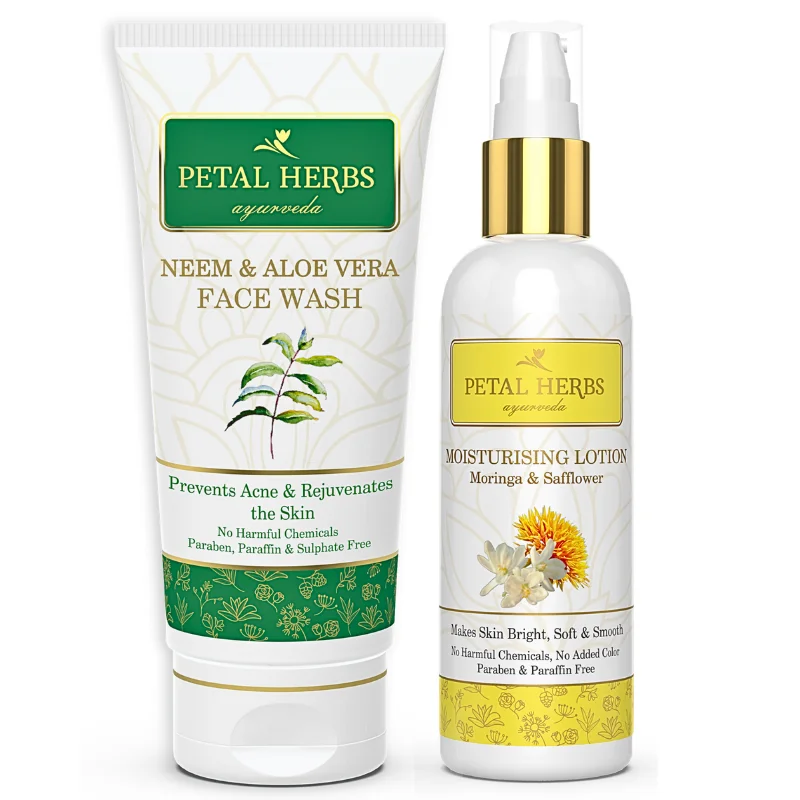 Natural Skincare - Neem Aloe Vera Face Wash and Moringa Moisturizing lotion for men women from Petal Herbs